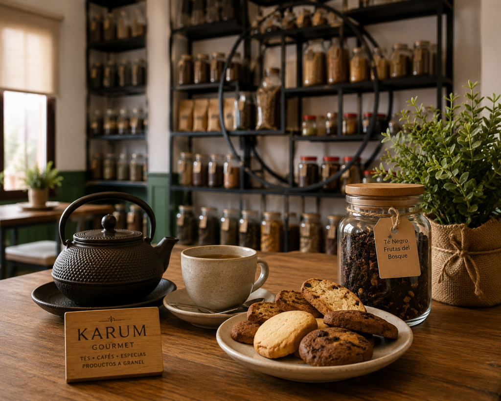 Tetera, taza, galletas artesanales y té a granel en KARUM Gourmet