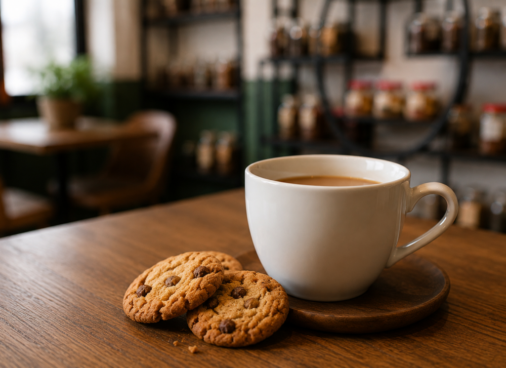 Taza de café con galletas artesanales en KARUM Gourmet