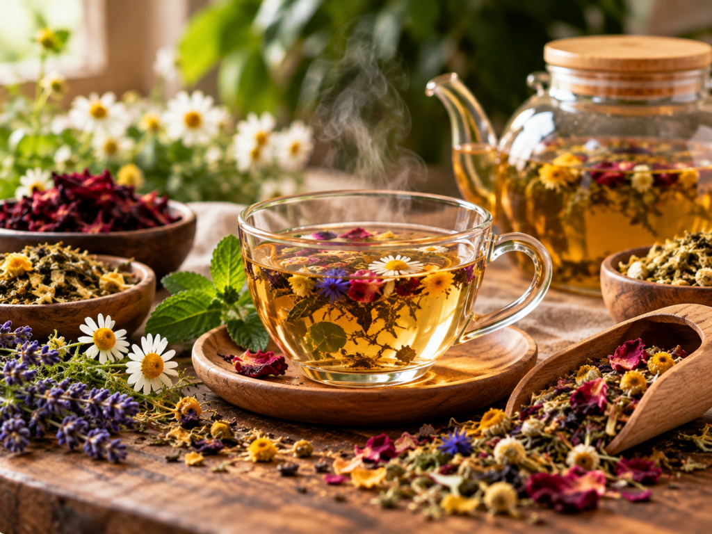Taza de infusión de hierbas y flores naturales rodeada de manzanilla, plantas aromáticas y tisanas a granel.