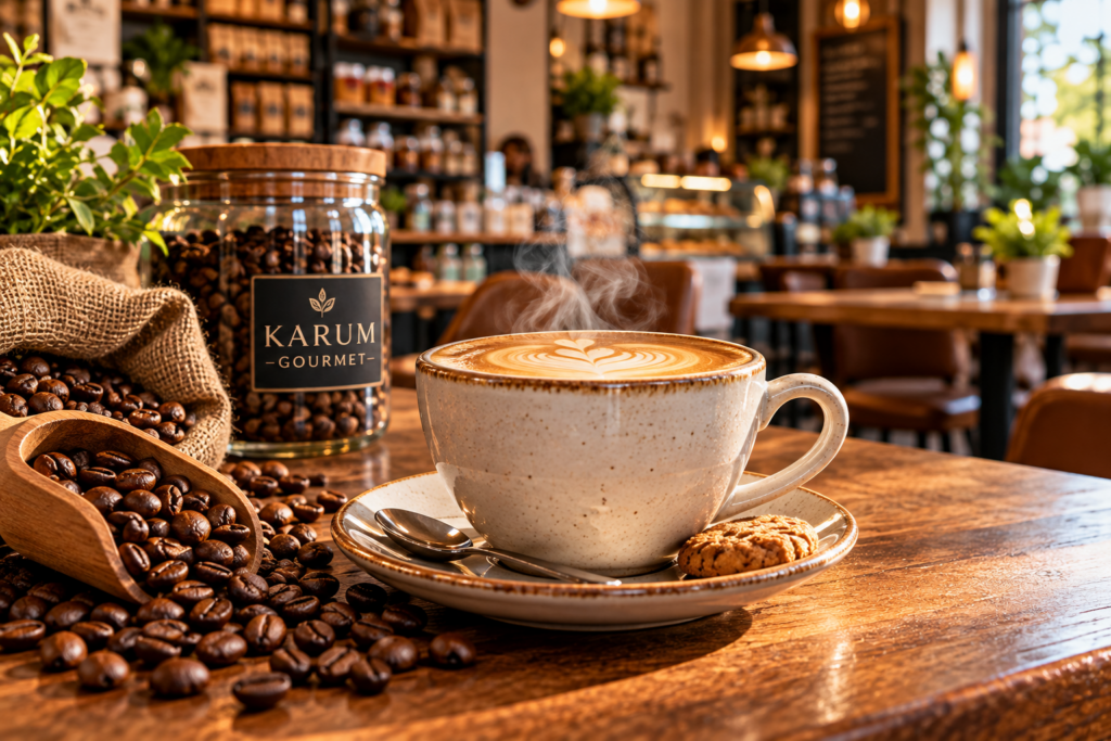 Taza de café capuchino con arte latte, acompañada de granos de café tostado en un ambiente acogedor de cafetería.