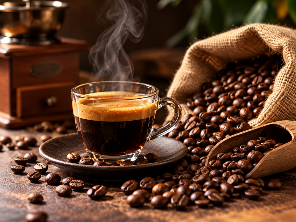 Taza de café espresso recién preparado rodeada de granos de café tostado a granel.