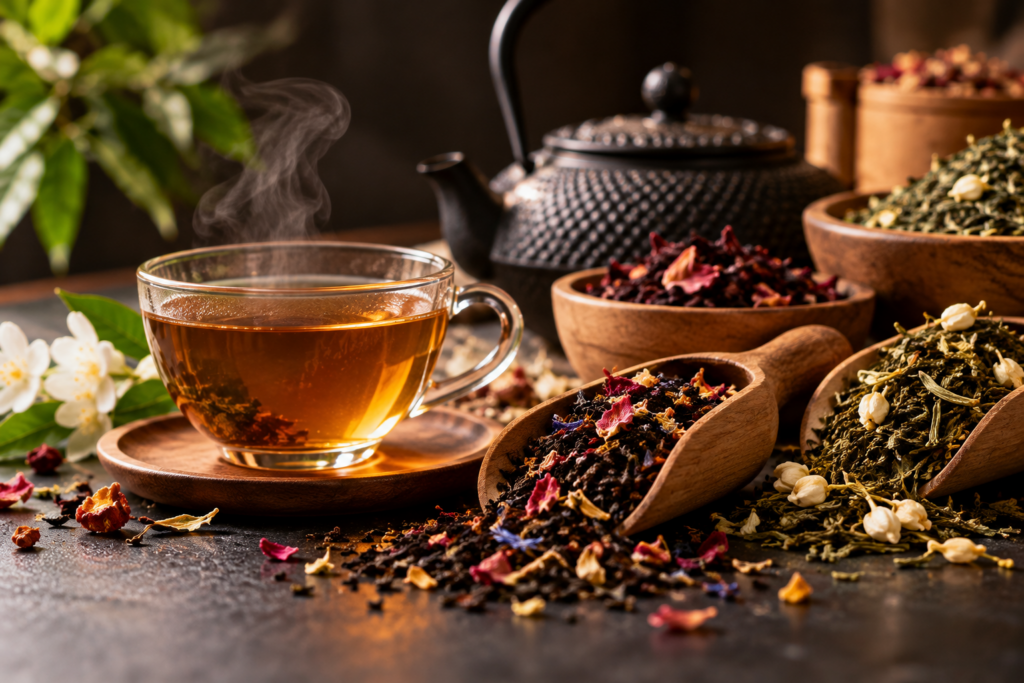 Taza de té caliente junto a una tetera de hierro y una selección de tés a granel con flores y hojas.